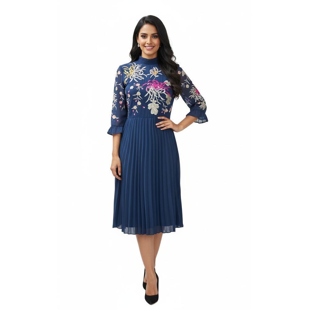 ASOS Navy Embroidered Pleated Midi Dress Sz 12